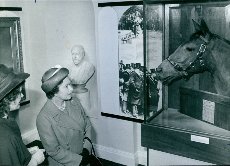 Queen Elizabeth in Gallery One sees the mounted head of the 1896 Derby winner, Persimmon - Vintage Photograph