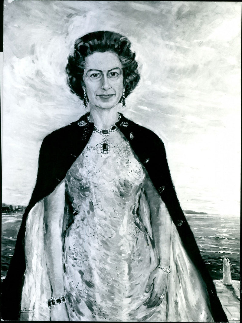 Portrait painting of Queen Elizabeth II painted by artist Angela Thorne 1976 - Vintage Photograph