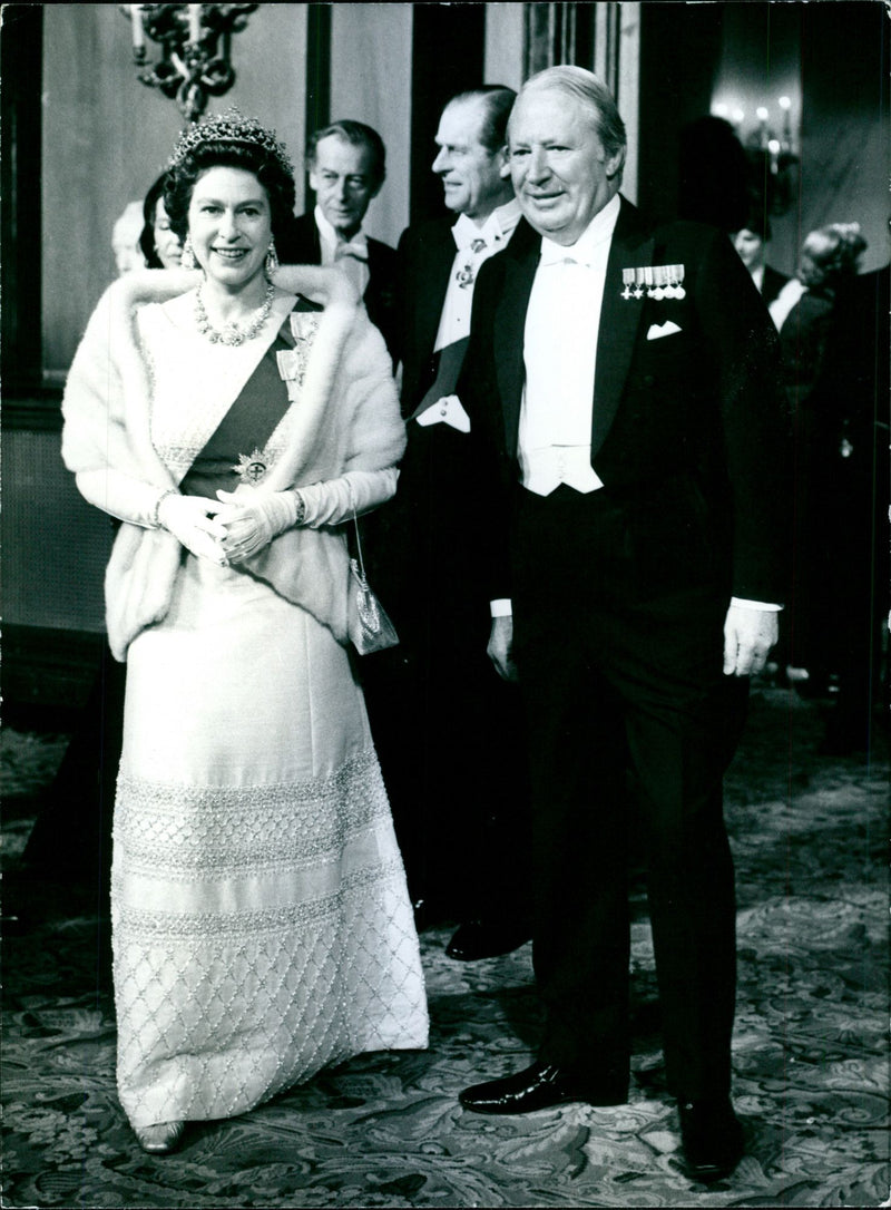 Queen Elizabeth II, Prime Minister Mr Edward Heath and the Duke of Edinburgh in the Royal Opera House attending a gala launching "Fanfare for Europe" - Vintage Photograph