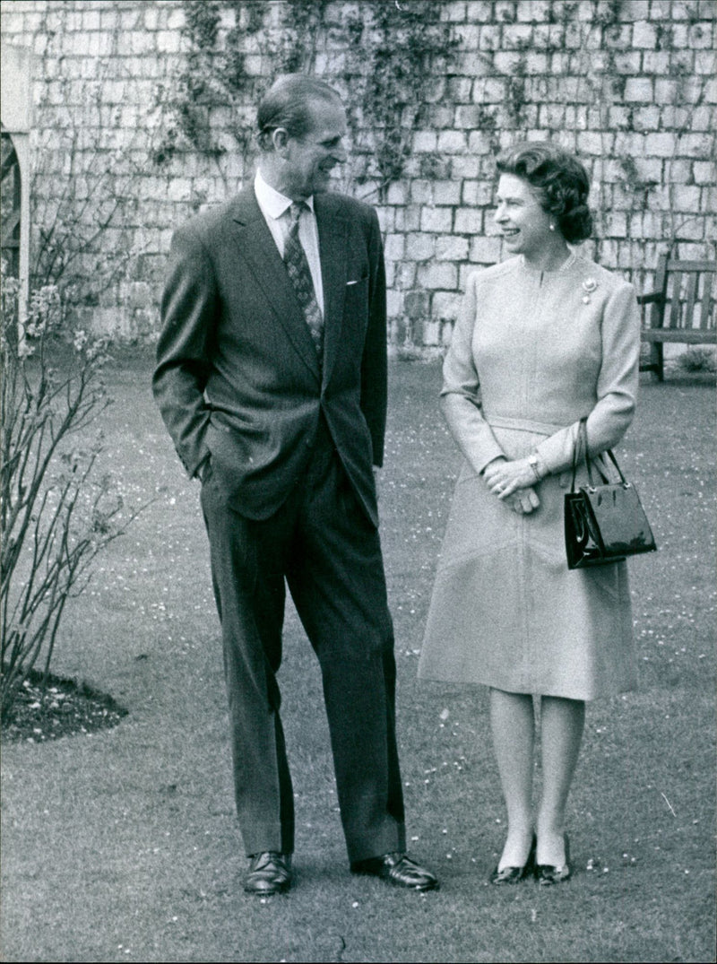 Queen Elizabeth II and Prince Philip in the grounds of Windsor Castle on the Queens 50th birthday - Vintage Photograph