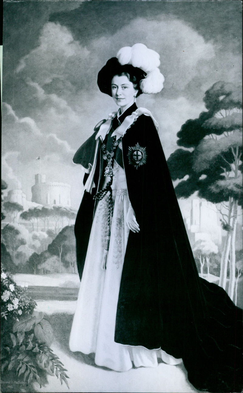 Portrait of Queen Elizabeth II, by Edward Halliday. Her Majesty wears her Garter robes and plumed hat and is pictured in a setting of the Thames valley with Windsor Castle as background - Vintage Photograph
