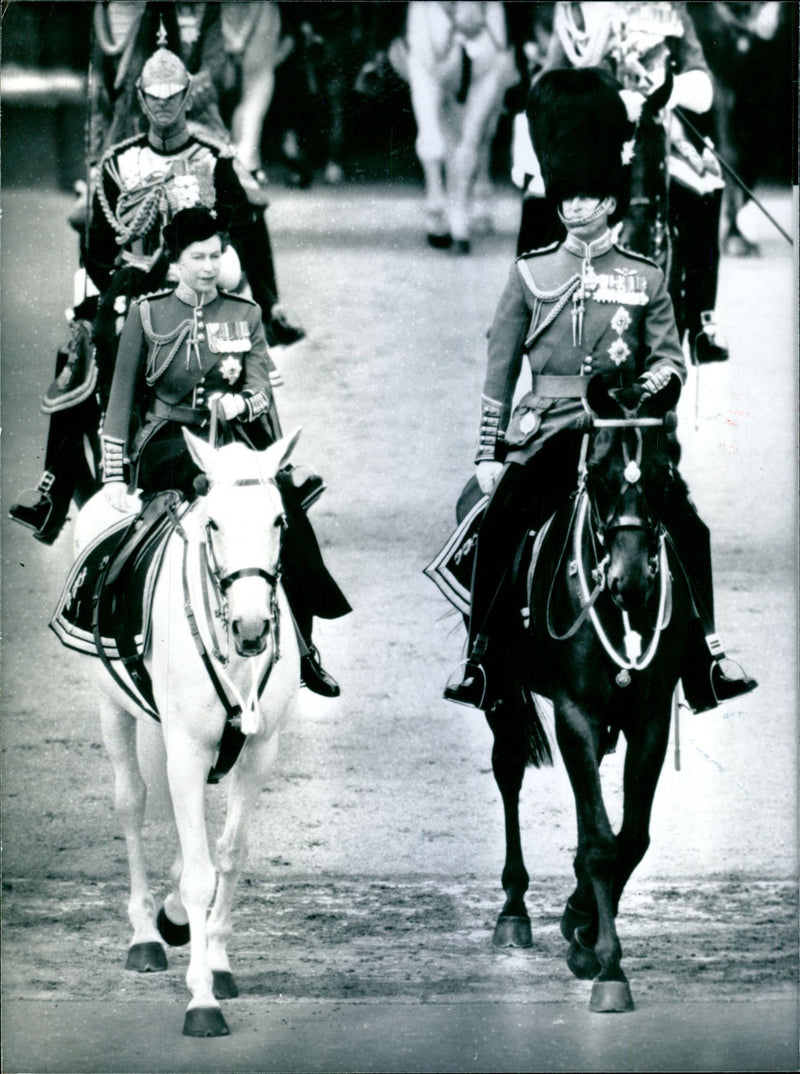Britain's Queen Elizabeth II and the Duke of Edinburgh pictured riding to the June 1966 Trooping the Colour ceremony on Horse Guards Parade in London - Vintage Photograph