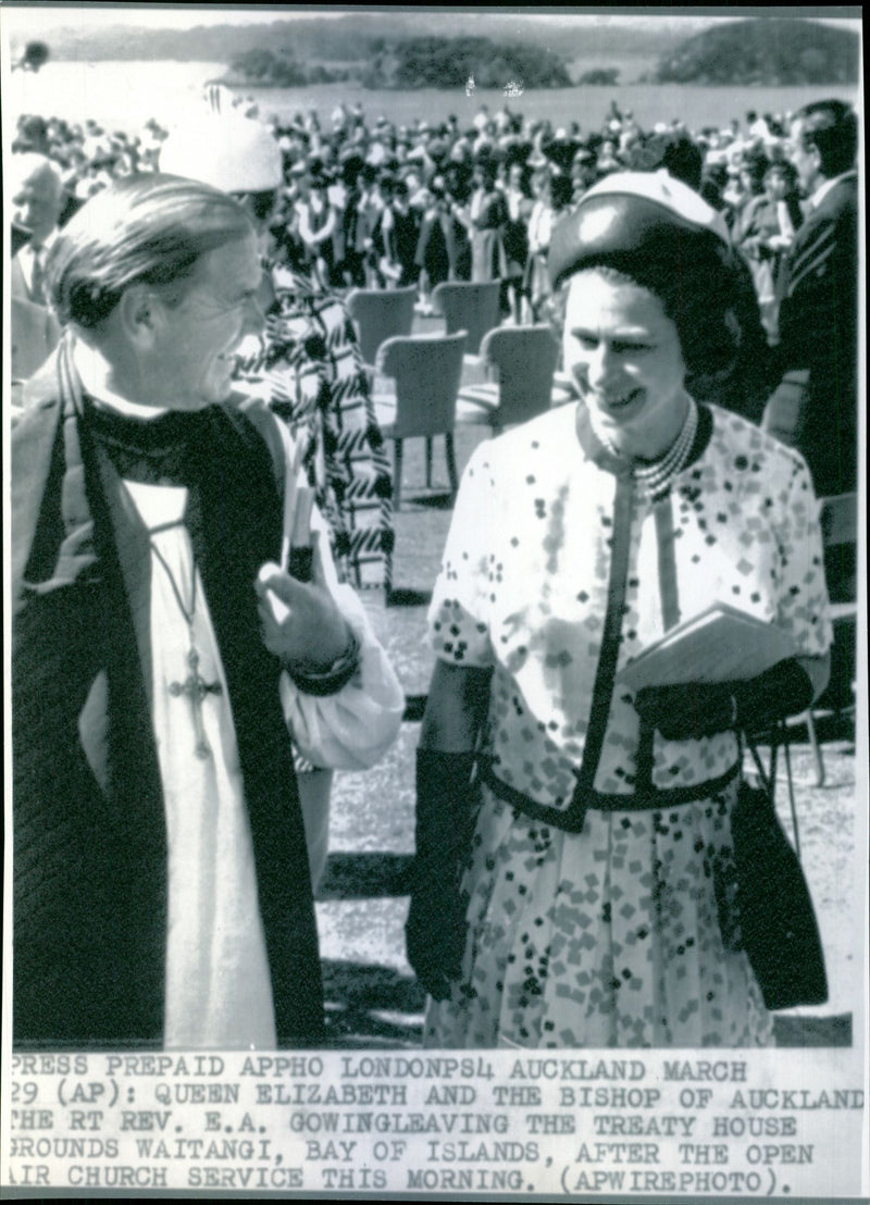 Queen Elizabeth II on New Zealand tour in 1970, here together with the Bishop of Auckland - Vintage Photograph