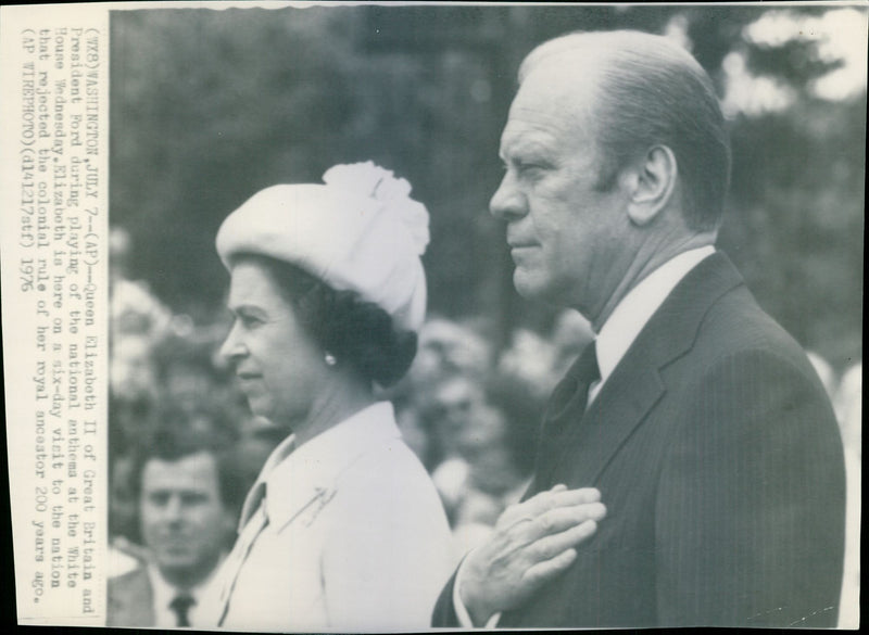Queen Elizabeth II and President Ford during playing of the national anthems at the White House - Vintage Photograph