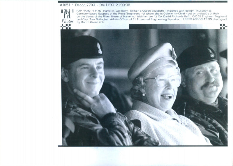 Queen Elizabeth II, Lt. Col. David Richards and Capt. Tom Gallagher at River Weser - Vintage Photograph