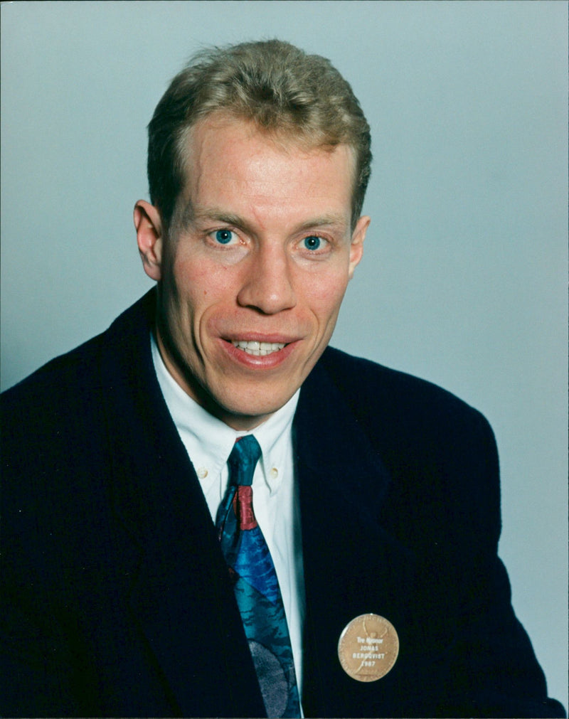 Swedish ice hockey player, Jonas Bergqvist receives gold medal in 1987. - Vintage Photograph