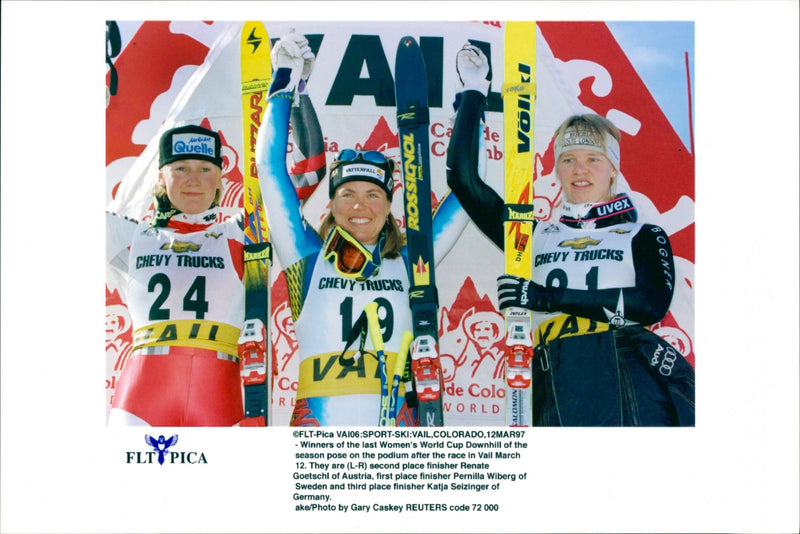 Pernilla Wiberg together with Renate Goetschl and Katja Seizinger. - Vintage Photograph