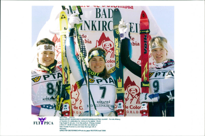 Pernilla Wiberg together with Isolde Kostner and Katja Seizinger. - Vintage Photograph