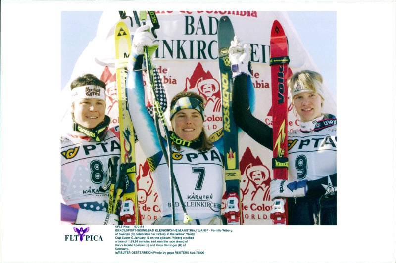 Pernilla Wiberg together with Isolde Kostner and Katja Seizinger. - Vintage Photograph