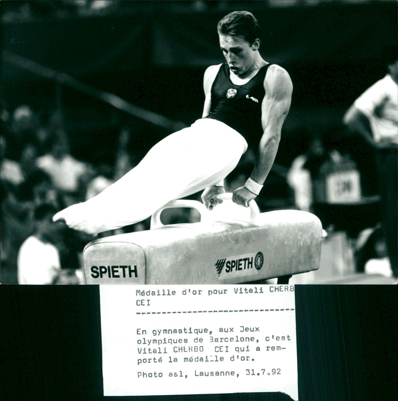 Gymnastics at the Olympic Games in Barcelona, it was Vitali Cherbo who won the gold medal. - Vintage Photograph