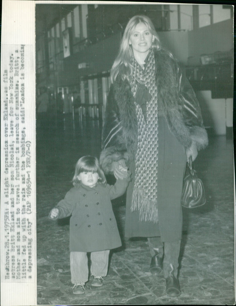 Actress Britt Ekland and her son Nicolai at Heathrow airport traveling to New York - Vintage Photograph