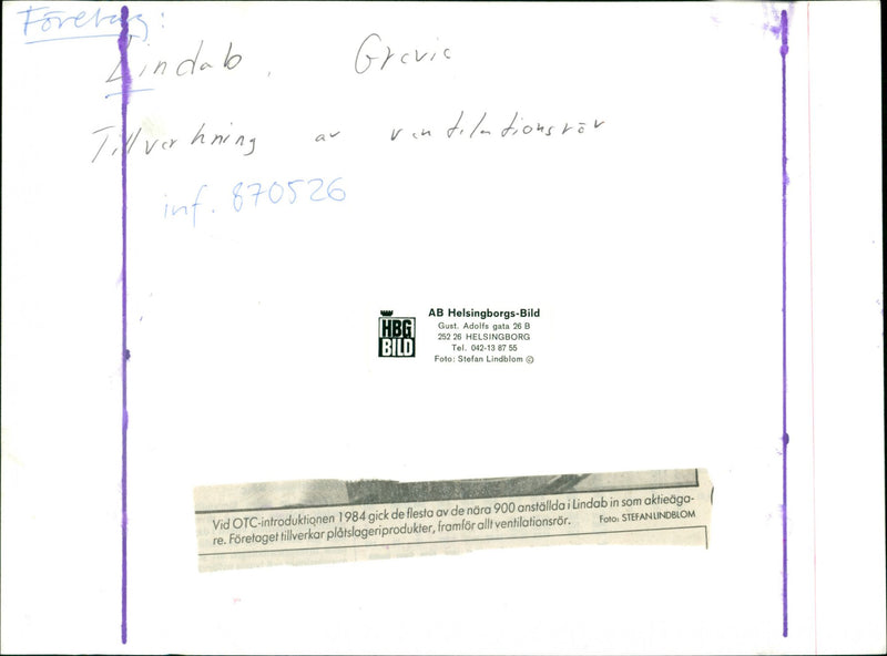 1984 LINDAB HELSINGBORG VENTILATION MOST NEARLY TEL GREVIC - Vintage Photograph