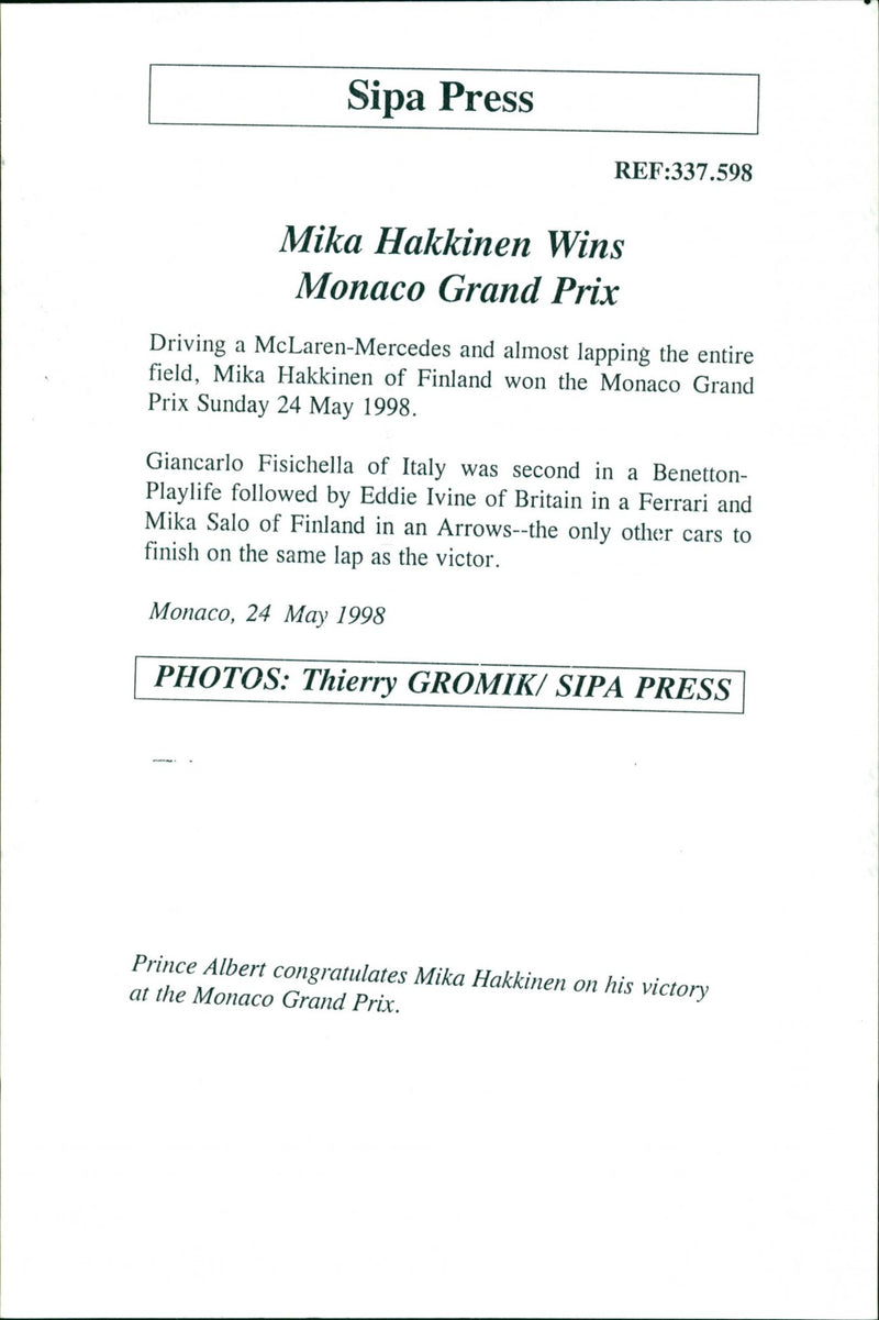 1998 BIST OMPUT ASSOCH WARS EINER HAKKINEN SECOND FERRARI PRESS BRITAIN PRINCE - Vintage Photograph