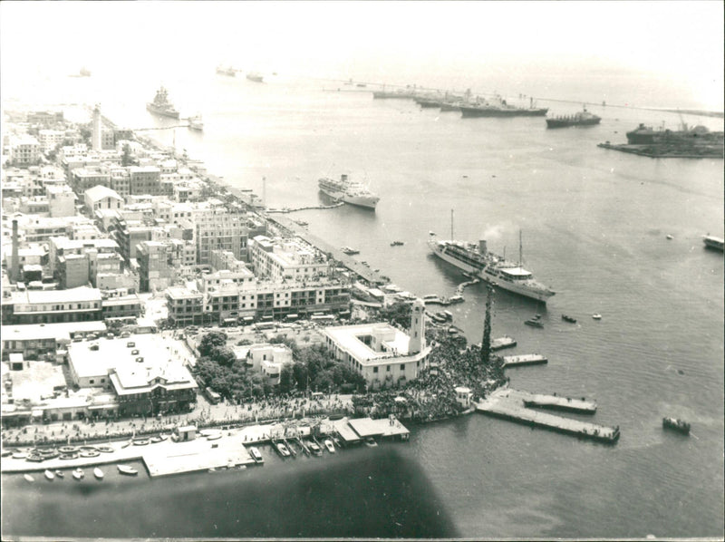 Aaerial View showing the parade of ships, headed by the destroyer "October 6" with President Sadat aboard. - Vintage Photograph