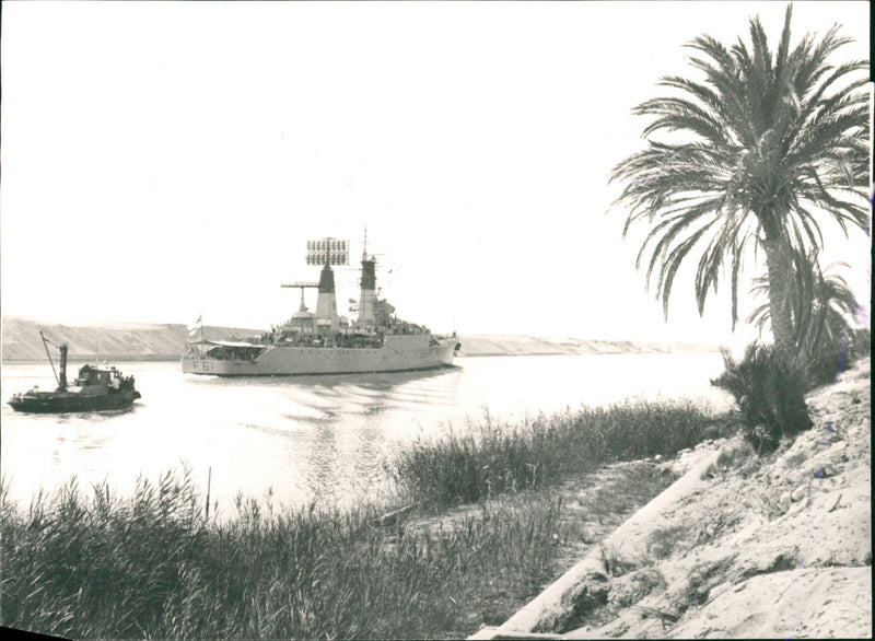 The 2,100-ton Sallsbury-class frigeta, HMS LLANDAFF, seen passing through the Suez Canal. - Vintage Photograph