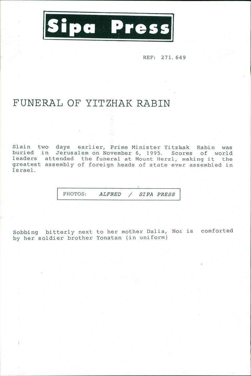 Funeral of Yitzhak Rabin with Dalia Rabin-Pelossof, Yonatan Ben-Artzi and Noa Rothman. - Vintage Photograph