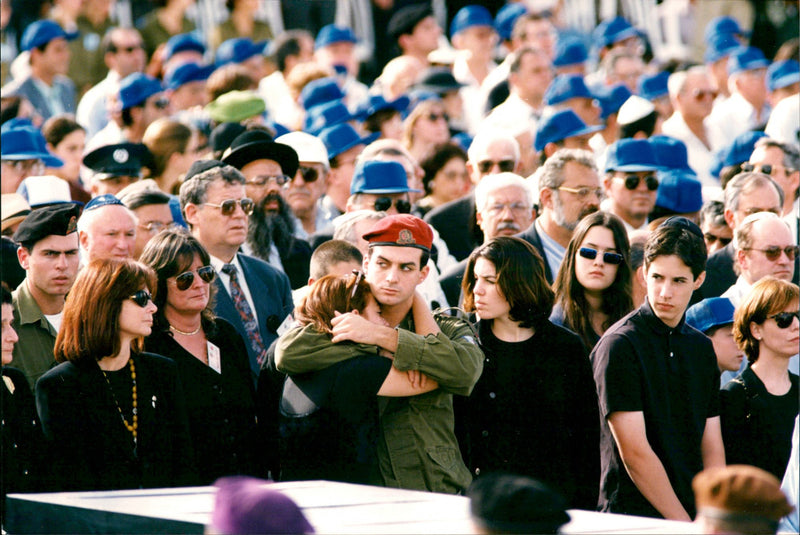 Funeral of Yitzhak Rabin with Dalia Rabin-Pelossof, Yonatan Ben-Artzi and Noa Rothman. - Vintage Photograph