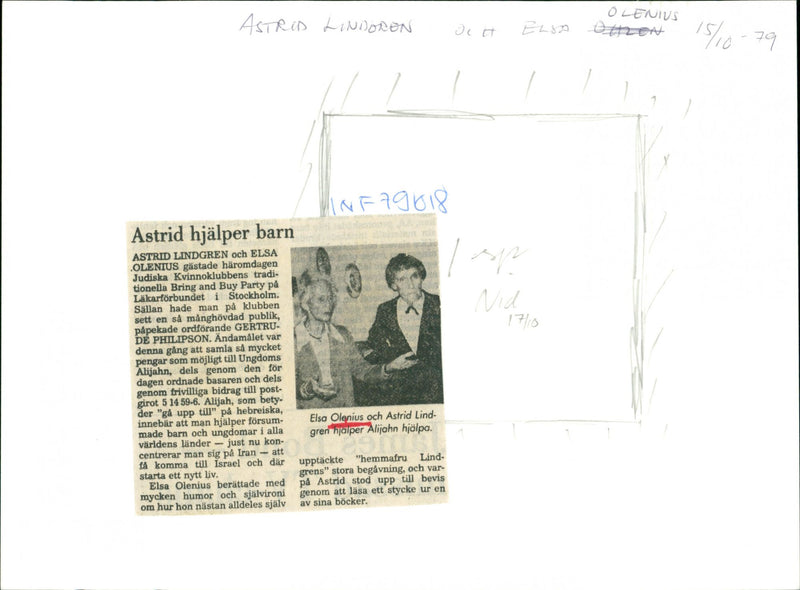 Swedish librarian Elsa Olenius with writer Astrid Lindgren - Vintage Photograph