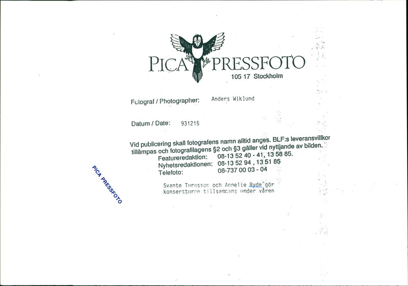 Anne-Lie Ryde and Svante Turesson Concert Tour - Vintage Photograph