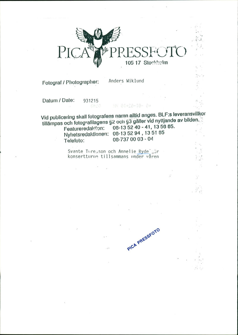 Anne-Lie Ryde and Svante Turesson Concert Tour - Vintage Photograph