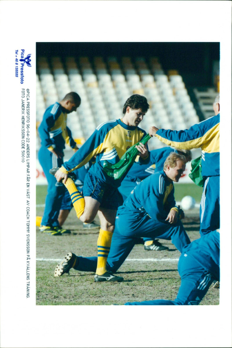 Anders Limpar trains with coach Tommy Svenssonm Swedish national team - Vintage Photograph