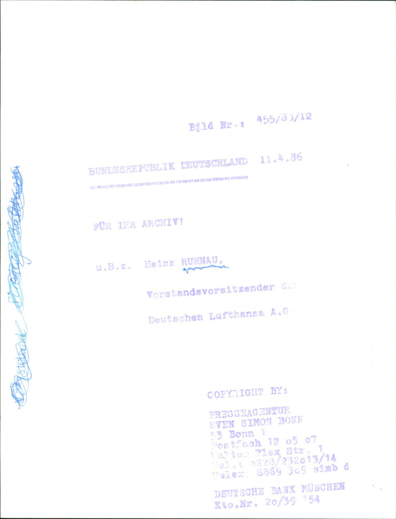 1985 RUHNAU SIMON BANK RUENAU DEUTSCHEN HEINZ ARAG POETAO GERMAN - Vintage Photograph