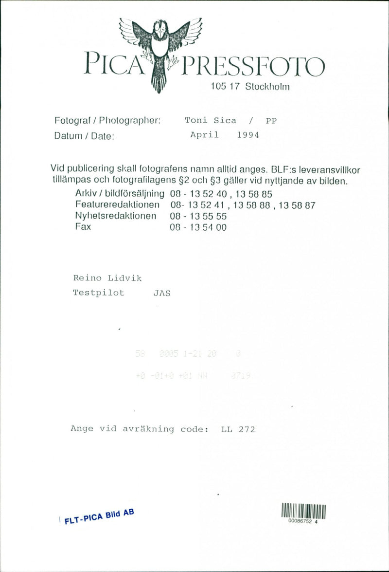 Reino Lidvik Test Pilot JAS - Vintage Photograph