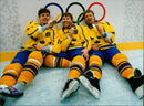 Hakan Loob, Mats Näslund and Tomas Jonsson ice hockey players. - Vintage Photograph