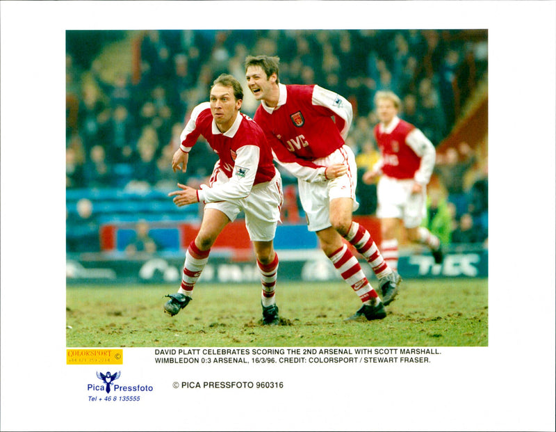 Arsenal's David Platt celebrates with Scott Marshall - Vintage Photograph