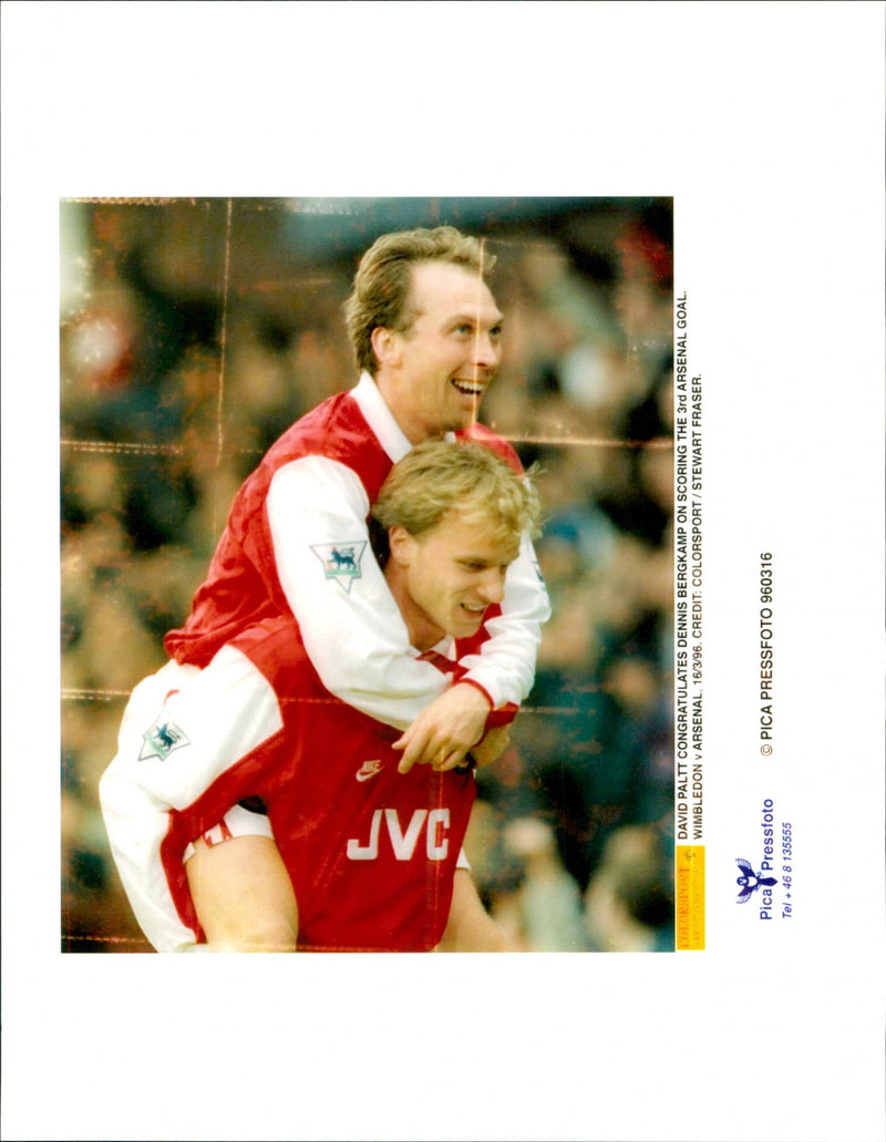 Arsenal's David Platt celebrates with Dennis Bergkamp - Vintage Photograph