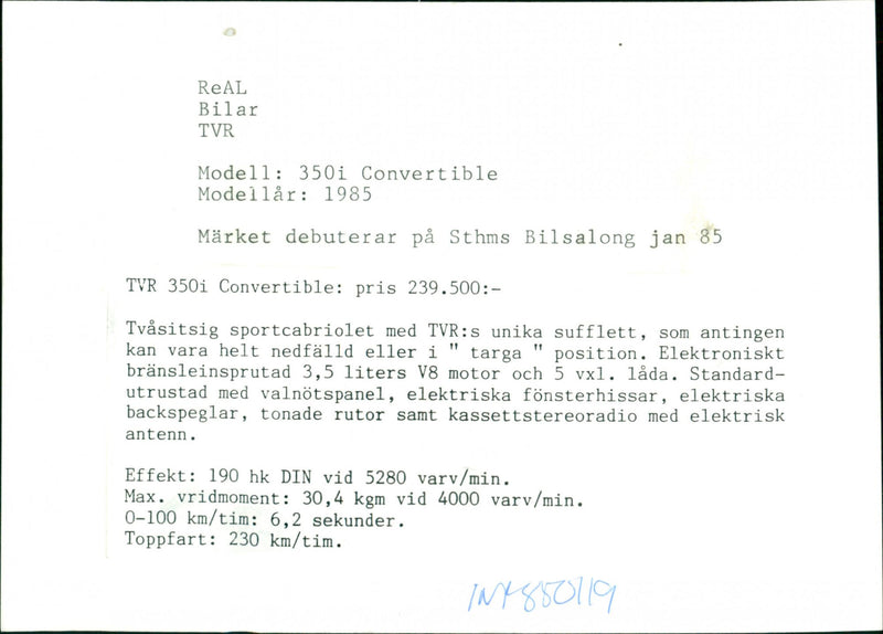 Cars Miscellaneous, TVR 350i Convertible - Vintage Photograph