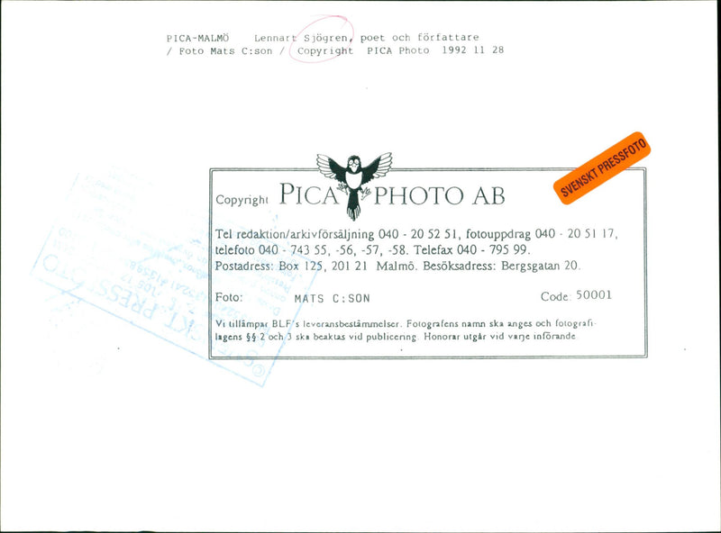 1992 MALMO SALE TELEPHOTO TELEFAX ADDRESS TEL DELIVERY BLFS BERG POET SECOND - Vintage Photograph