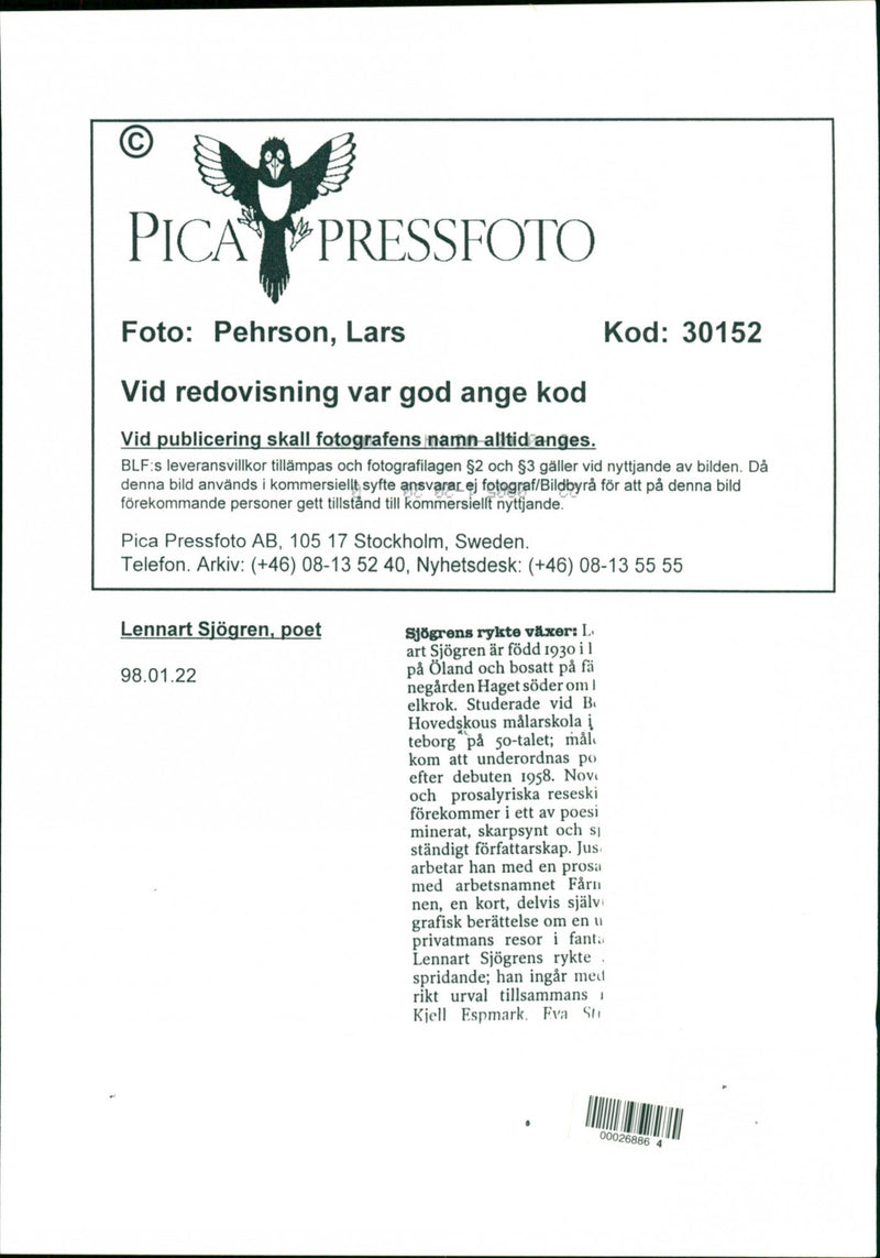 1998 TELEPHONE SWEDEN RESPONSIBLE IMAGE DELIVERY POET SECOND - Vintage Photograph