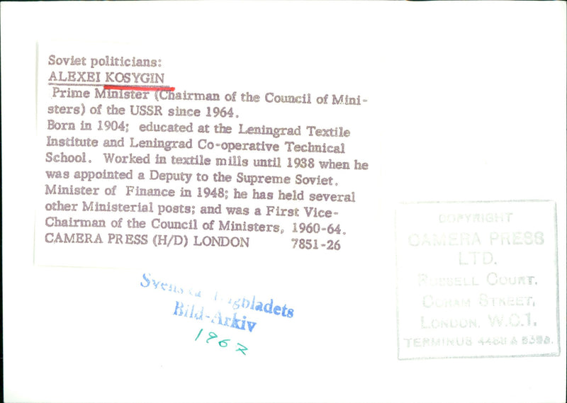 Alexei Kosygin, Politician Soviet - Vintage Photograph