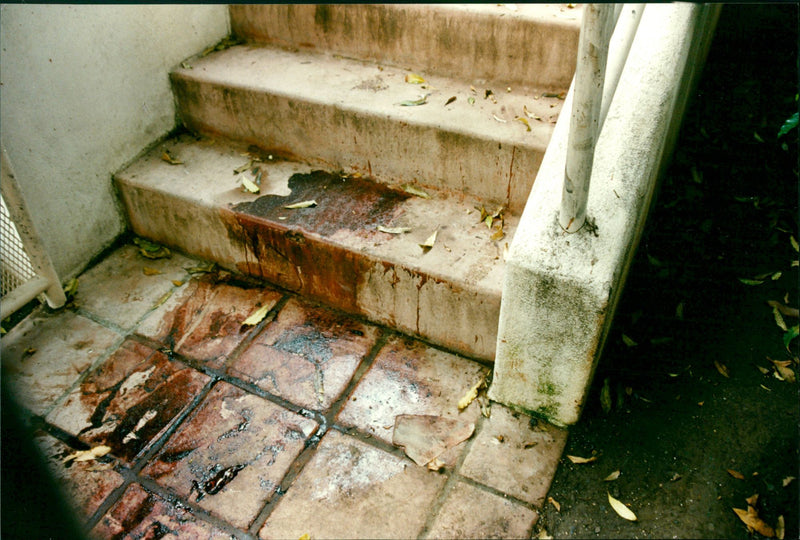Bloody stairs at Nicole Simpson's home after OJ Simpson's murder investigation - Vintage Photograph