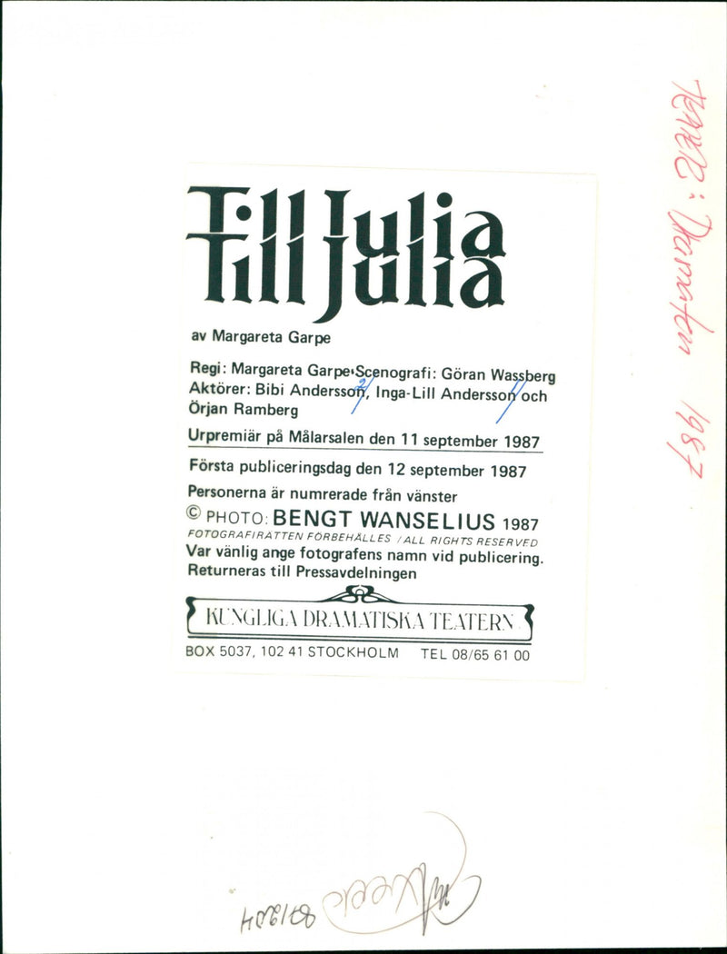 Theater, Drama, To Julia by Margareta Garpe - Vintage Photograph