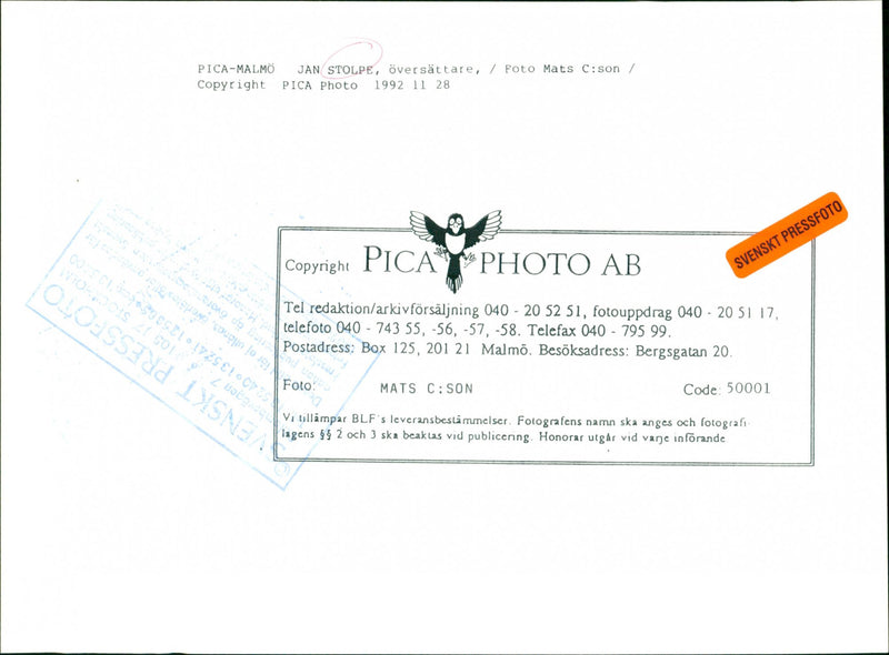 1992 MALMO SUUGIN SALE COLUB TELEFAX ADDRESS TEL DELIVER BLFS BERGSGAT PICA - Vintage Photograph