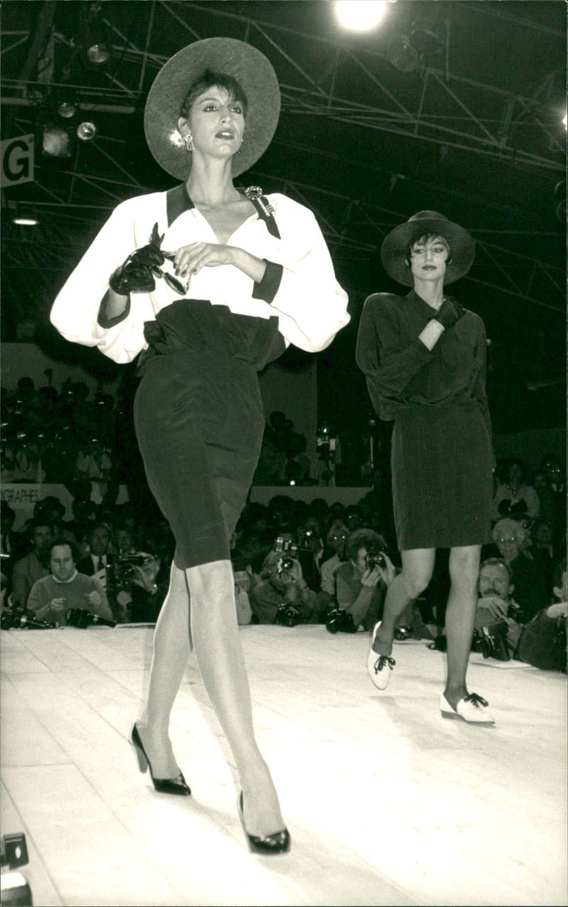 Short Skirt and High Waisted Designed by Karl Lagerfeld at the  Female Fashion Collection 1984 - Vintage Photograph