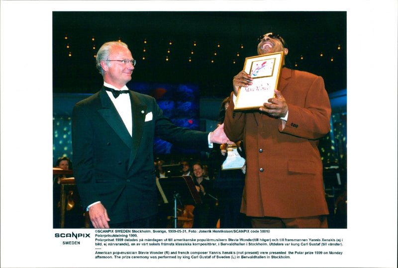 Music Polar prize is awarded to Stevie Wonder and Yannis Xenakis by King Carl Gustaf - Vintage Photograph