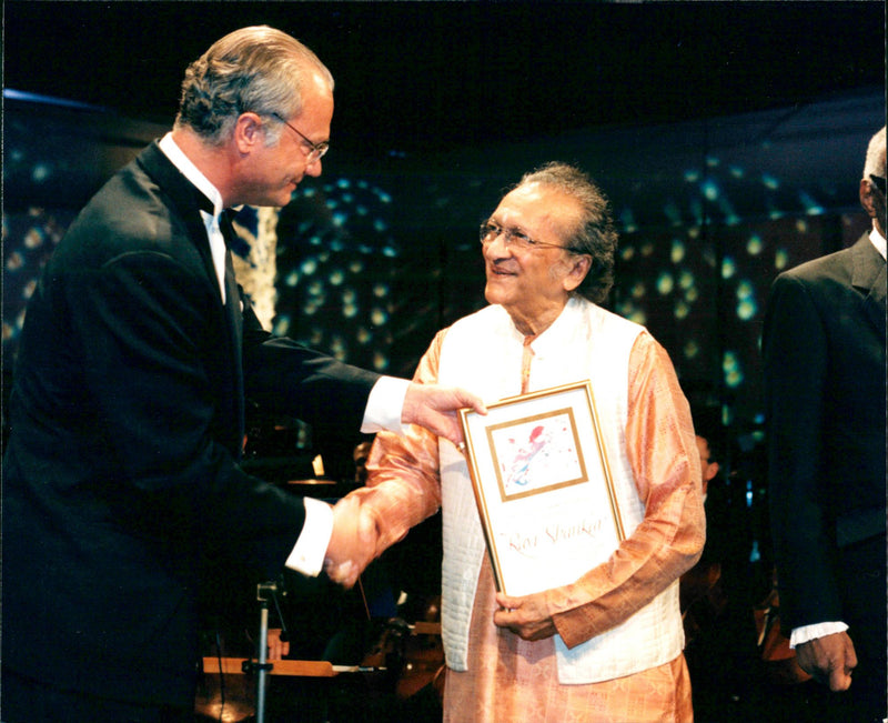 Music Polar Award winner Ravi Shankar receives award from King Carl Gustaf - Vintage Photograph