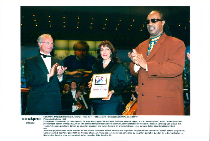 The Music Polar Prize is awarded to Stevie Wonder and Yannis Xenakis in the Berwald Hall by King Carl Gustaf - Vintage Photograph