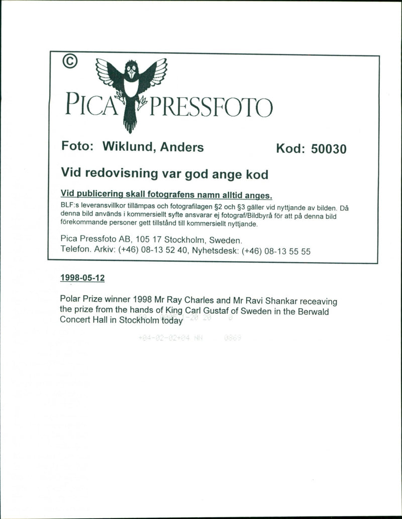 Music Polar award winner Ray Charles and Ravi Shankar with King Carl Gustaf - Vintage Photograph