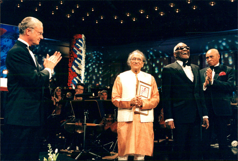 Music Polar Award winner Ray Charles and Ravi Shankar receive award from King Carl Gustaf - Vintage Photograph