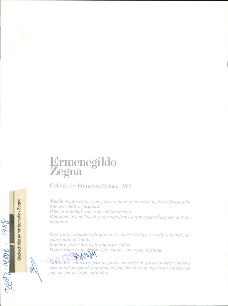 Male Model Wearing A Pants and Loose Tshirt From Ermenegildo Zegna Primavera / Estate 1989 Collection - Vintage Photograph