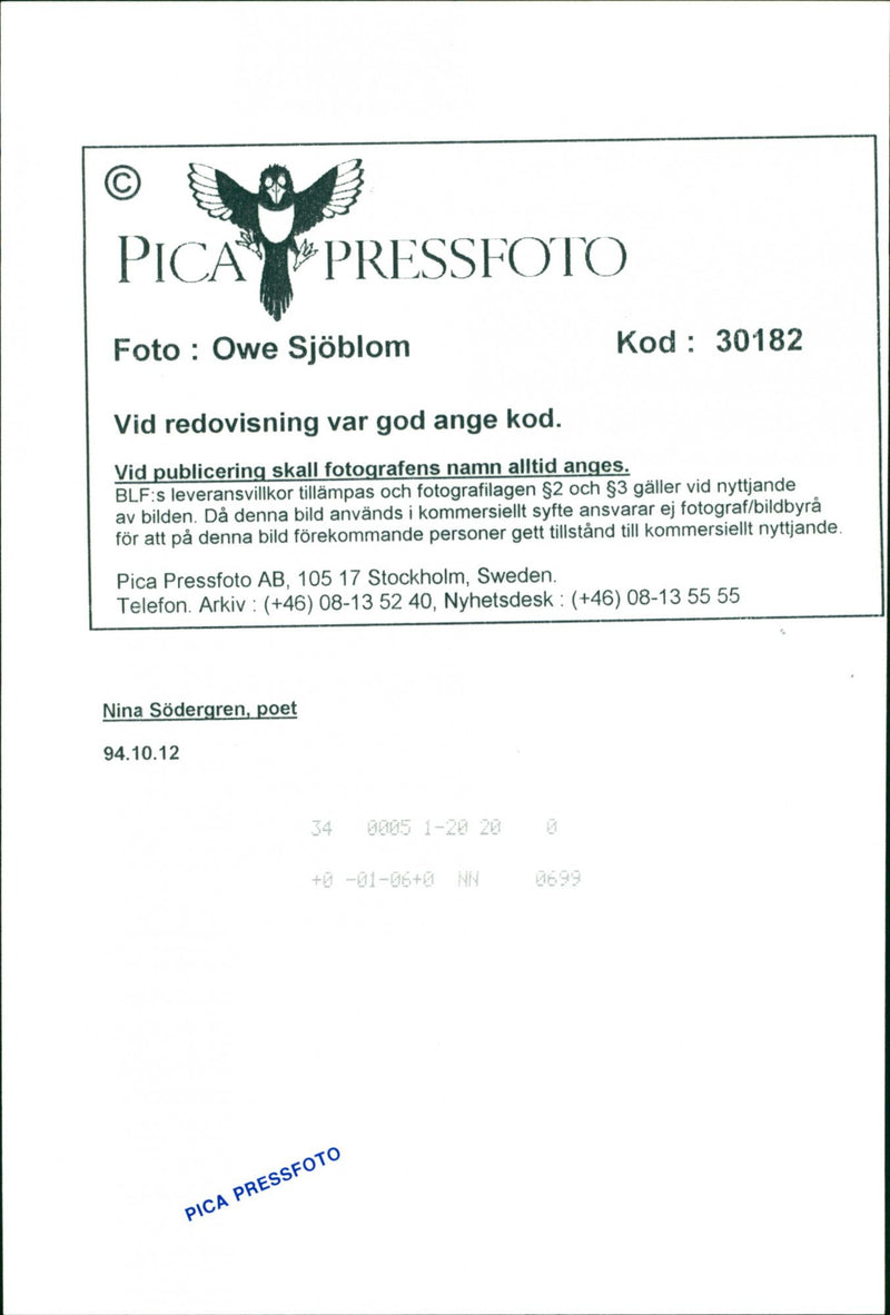 1994 TELEPHONE SWEDEN RESPONSIBLE IMAGE DELIVERY AFTER POET - Vintage Photograph