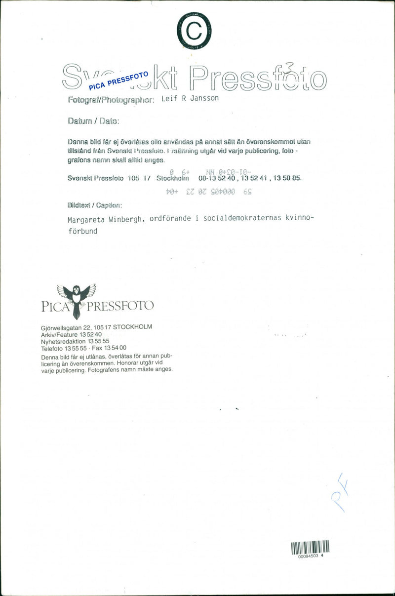 Margareta Winberg, Politician. - Vintage Photograph