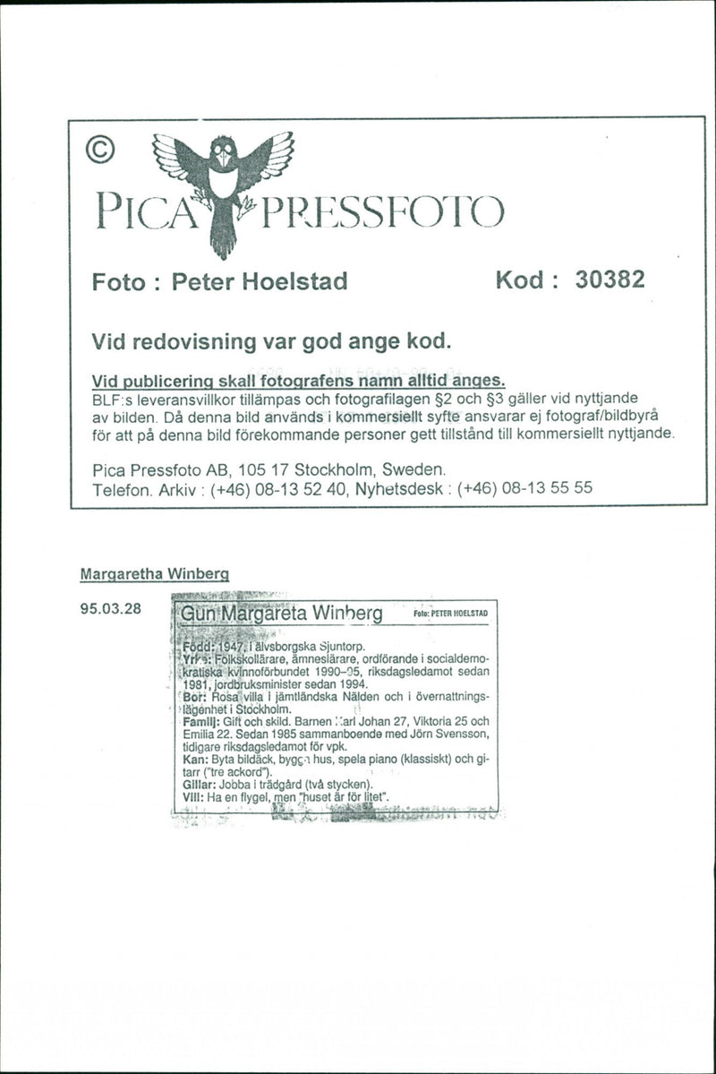 Margareta Winberg, Politician. - Vintage Photograph