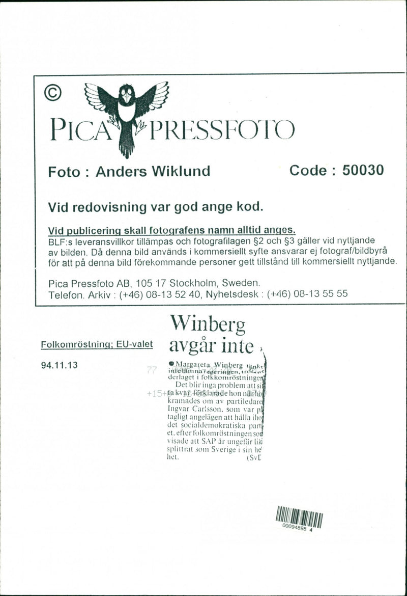 Margareta Winberg, Politician. - Vintage Photograph