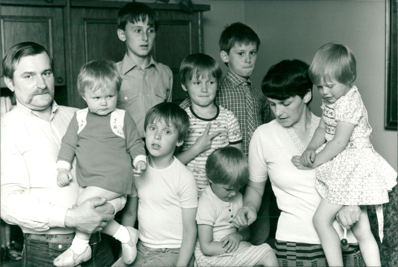 Lech Walesa and their seven children were sons, Bogdan, Slawka, Przemek, and Jarka, Girls Magda, Ania, and Maria Victoria. - Vintage Photograph