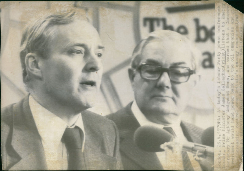 James Callaghan listens to Tony Benn at the Labor Party press conference - Vintage Photograph